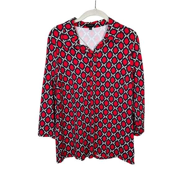 Talbots 1/2-Button Spandex Knit Geometric Print Top Women's L Red White Blue - Picture 1 of 8